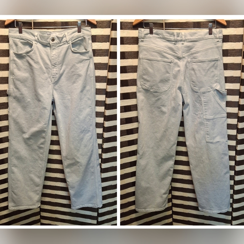 Zara Carpenter Utility Jeans Relax Blue Light Wash Denim Cotton Women Size 10
